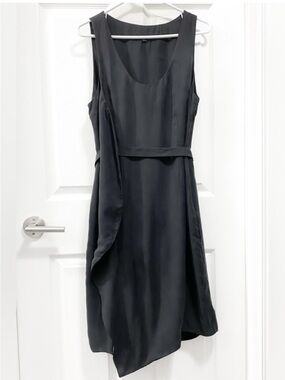 French Connection Black Asymmetrical Ruffle-Accent Sleeveless Cupro Dress